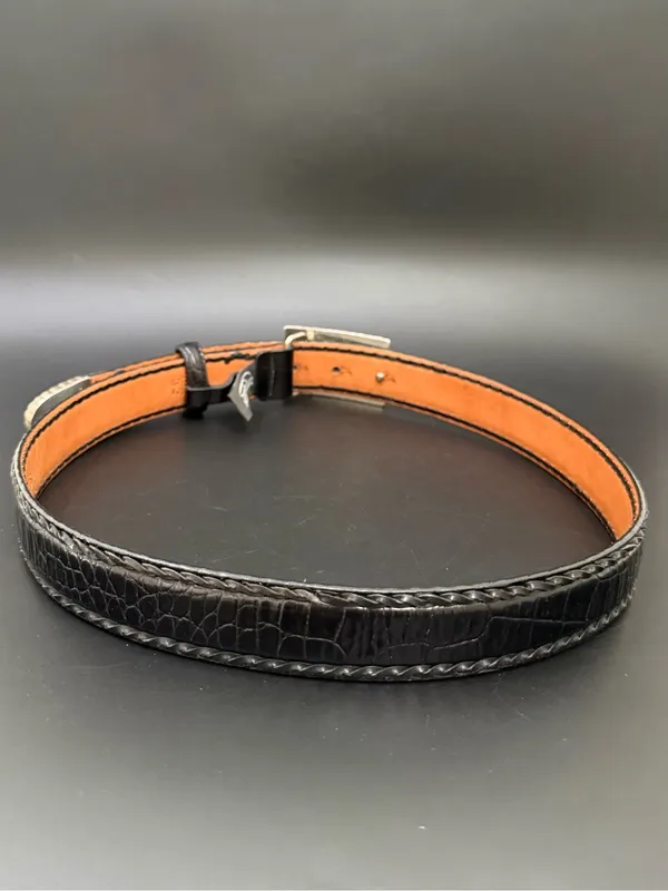 Vintage BRIGHTON 97033 Black Embossed Croc Leather Floral Buckle Belt Size ML 32 - Image 4