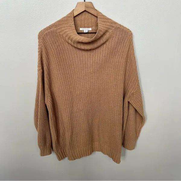 American Eagle Outfitters Camel Tan Mock Neck Slouchy Knit Oversized Sweater XS - Image 4
