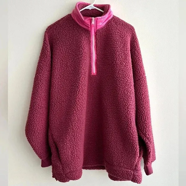 Aerie Dream Sherpa Quarter Zip Sweatshirt, Cherry Pink/Hot Pink, Size Medium - Image 6