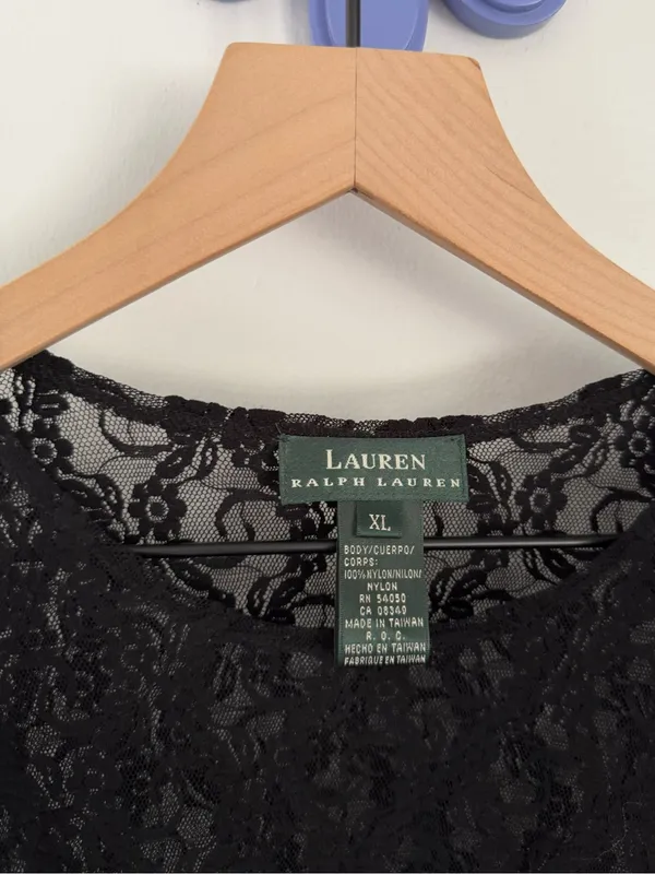 Ralph Lauren XL Crew Long Sleeve Black Top Lace Whimsigoth Gothic Floral Sheer - Image 2