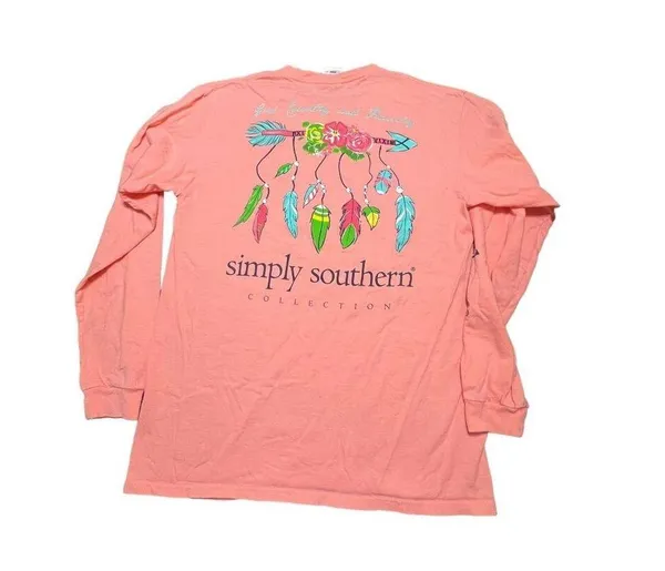Simply Southern Long Sleeve Shirt God Country Family Arrow Feathers Pink Sz M - Image 3