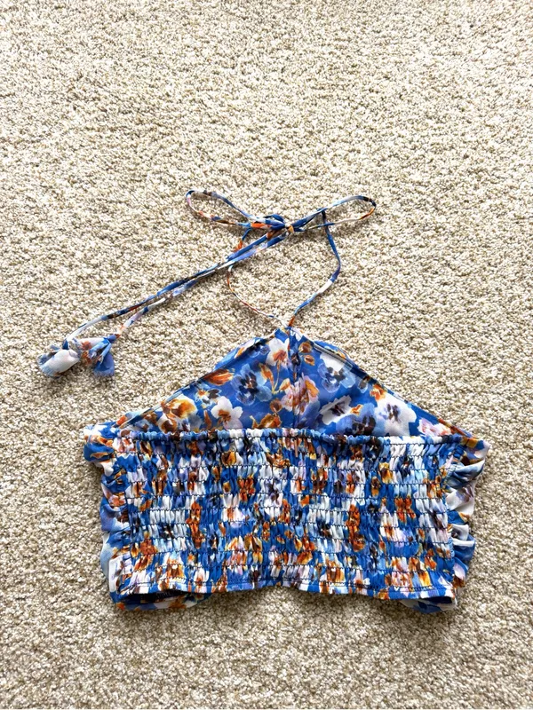 Misa Los Angeles Blue Pansy Selmin Top Blue Floral Halter Crop Top Sz Large - Image 10