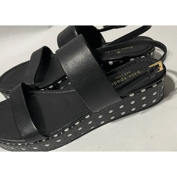KATE SPADE black leather sandals with white‎ polka dot platforms size 8.5 - Image 3