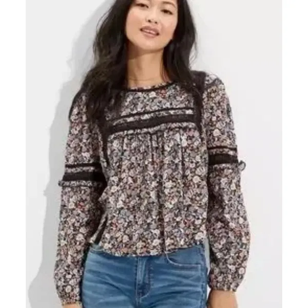 American Eagle Floral Open Back Ruffle‎ Lace Detail Blouse Size M - Image 11