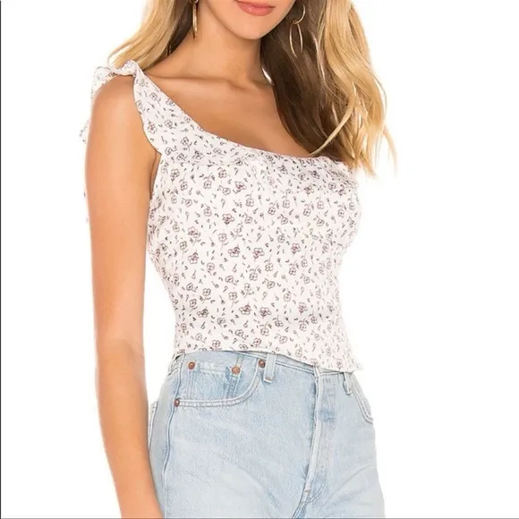 Free People Floral Smocked Ruffle Trim Tank Top Womens Medium WhiteCombo Cottage - Image 2