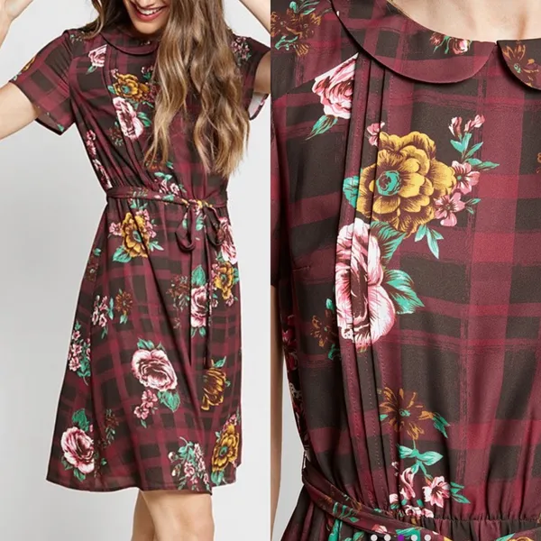 ModCloth Burgundy Floral Buffalo Check Joyfully Poised Collared A-Line Dress - Image 4