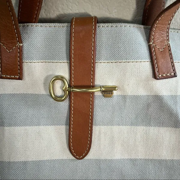 Fossil Rachel Blue Gray /Cream Coated Canvas KEY Leather Shoulder Tote Bag - Image 8