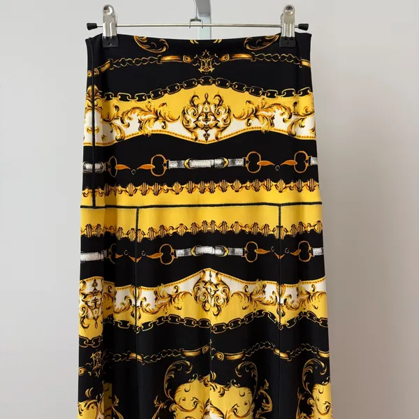Eva Varro MobWife Baroque Medusa Chain Print Flowy Maxi Skirt XS Black Yellow - Image 2