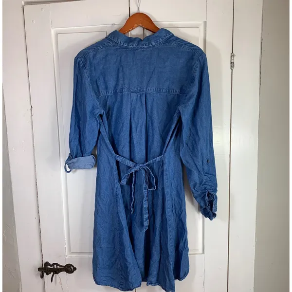Splendid Denim Chambray Tunic Shirt Dress Tie Waist Long Sleeve‎ Blue Medium - Image 5