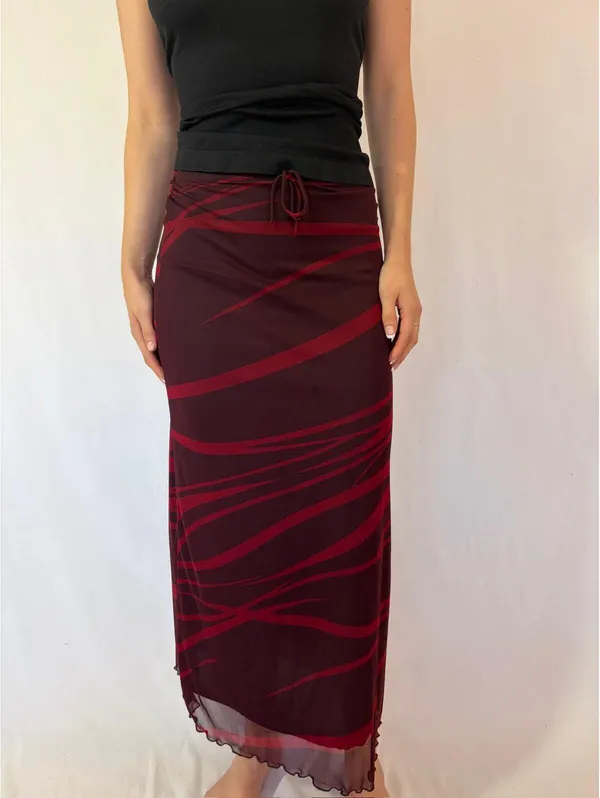 Dark Red Y2K Vintage Mesh Overlay Abstract Maxi Skirt - Image 9