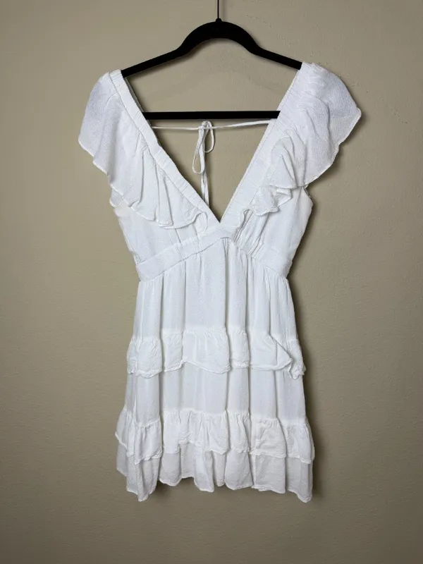 Nordstrom BP White Ruffle Tiered Deep V Neck Mini Dress Size XS - Image 3