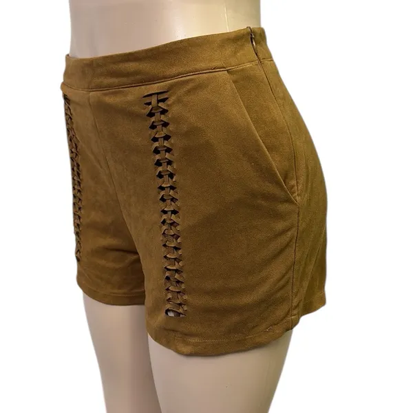 Love Riche Brown Faux Suede Braided Accent High Rise Zip Shorts Womens Medium - Image 2