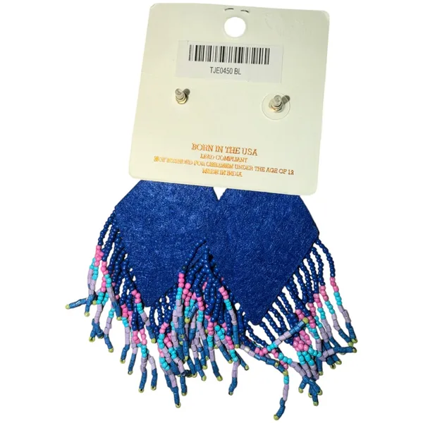 Kay Lee New York Beaded Fringe Statement Earrings‎ Blue Boho Geometric NWT - Image 2