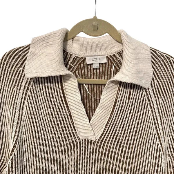 LOFT Pullover Sweater Brown Cream‎ Striped Ribbed Knit V-Neck Women Small - Image 2