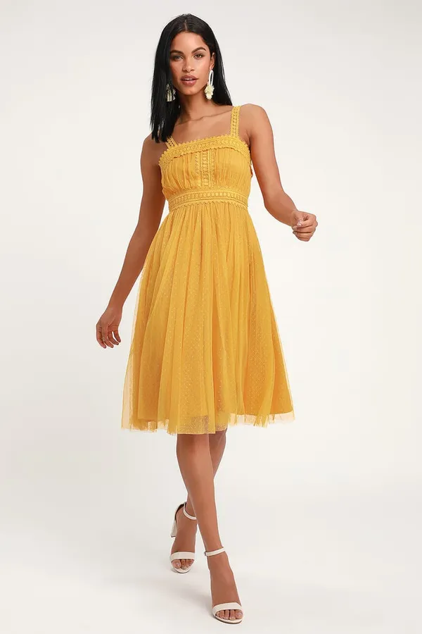 Lulus NWT Forever Love Golden Yellow Swiss Dot Sleeveless Dress - L - Image 2