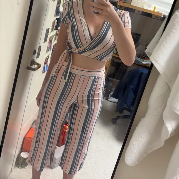 BeBop Pink and Blue Striped Linen Two Piece Set - Image 2