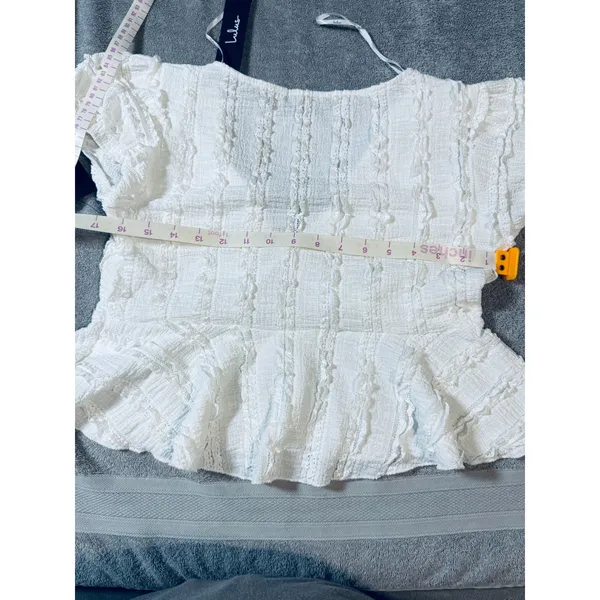 NWT Lulus Size Medium Estela Ivory‎ Ruffled Puff Sleeve Peplum Crop Top White - Image 7