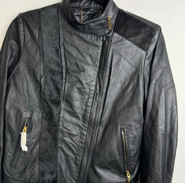 IMAN Genuine Leather Zip Jacket Sz XS Womens Fur Moto - Image 7