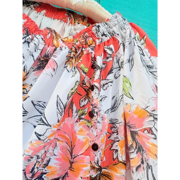 Gypsie‎ Blu Womens Floral Maxi Skirt Coral Orange White Elastic Waist Pockets L - Image 4