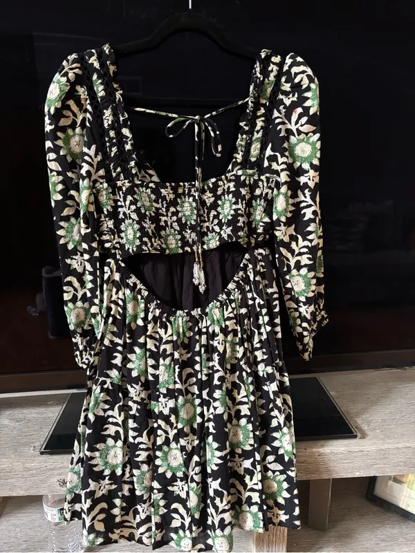 Free People Black and Green Floral Lace-Up Back Mini Dress - Image 4