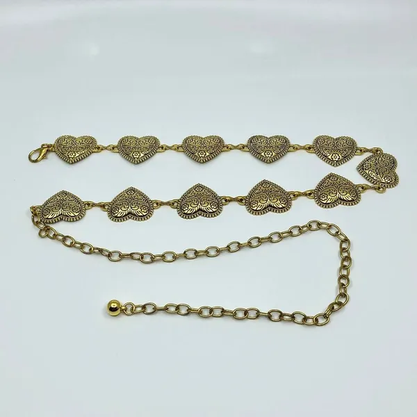 Vintage Y2K Boho Gold Textured Heart Chain Belt, Fits 22.5–40 Inches, X7GA1173 - Image 6