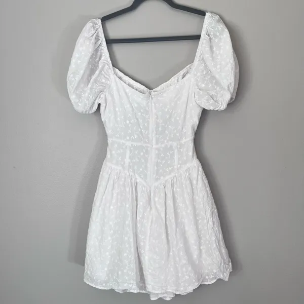 Sabo Skirt Alika Floral Embroidered Corset Cutout Waist Puff Sleeve Mini Dress White - Image 6