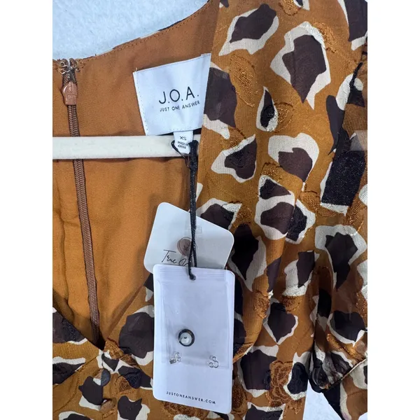 JOA XS‎ Brown Animal Print Midi Dress Women Puff Sleeve Tie Cuff - Image 4