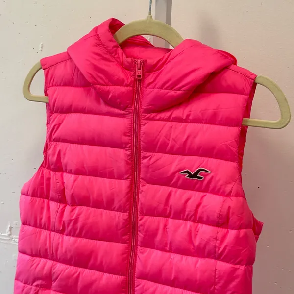 Hollister Neon Pink Hooded Puffer Vest‎ Women's Medium Full Zip Quilted Casual - Image 4