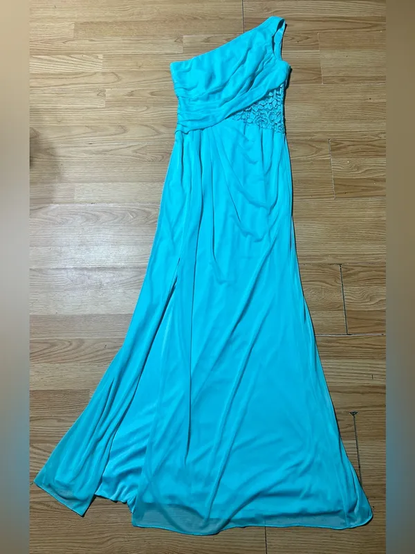 David’s bridal Malibu blue one-shoulder floor length, lace inset @one waistline. - Image 2