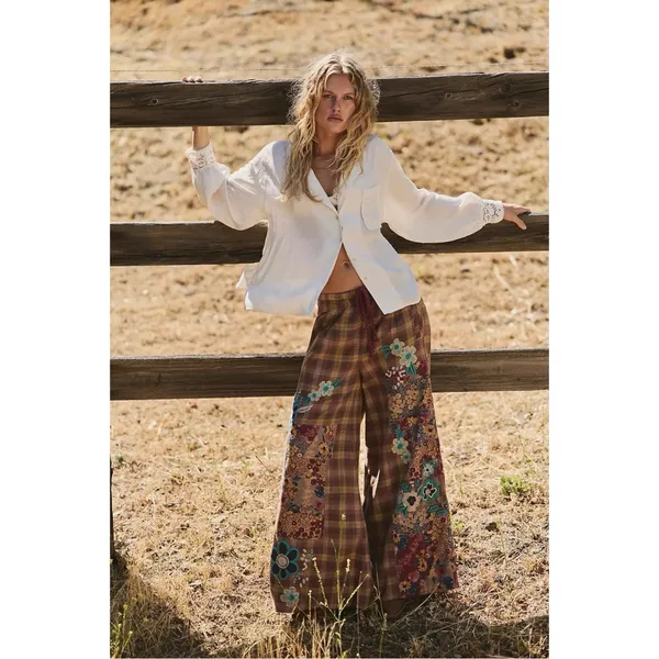 Free People Bohemian Brooks Embroidered Plaid Wide Leg Patchwork Pants Size XL - Image 15
