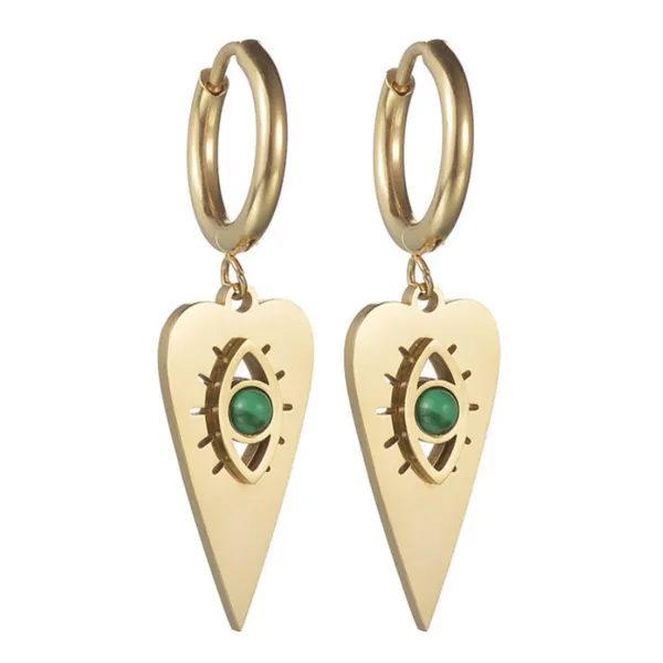 Malachite Center Stone Dangling Heart Gold Hoop Earrings - Image 2