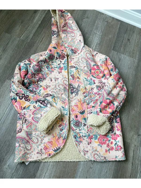 Boutique Floral Hooded Coat Teddy Sherpa Jacket Paisley Pink Multicolor Size S - Image 2