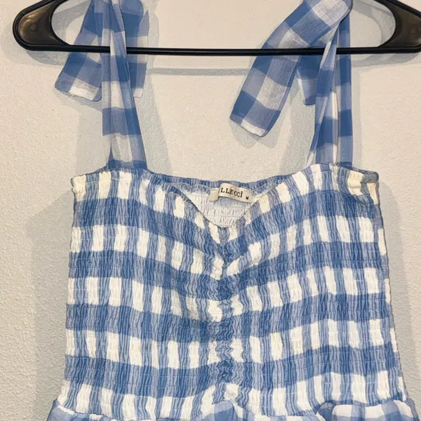Cellecci Blue Gingham Smocked Tie Strap Tiered Midi Dress Size M - Image 3