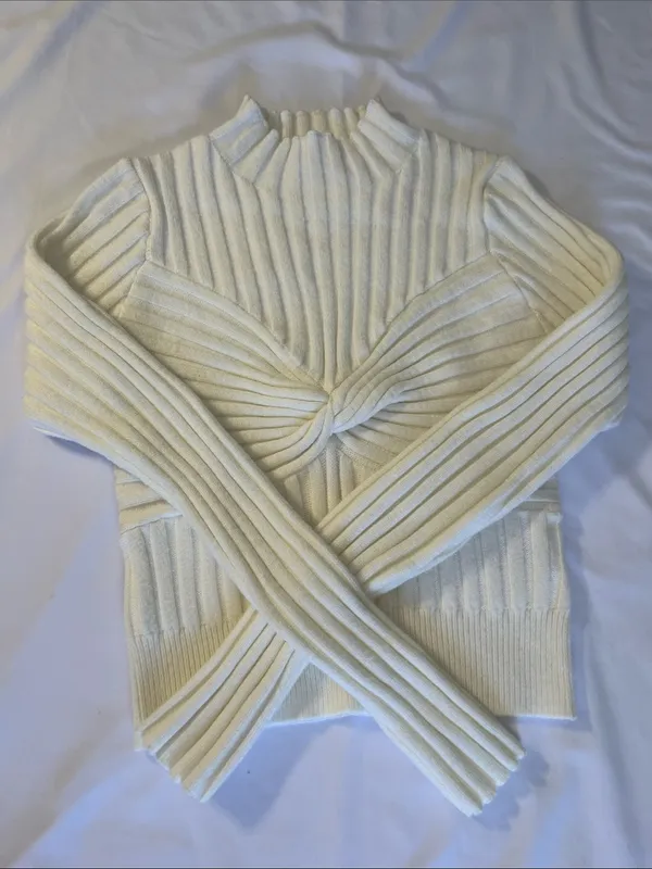 GB girls Cream Ribbed Twist-Front Mock Neck Sweater - Image 2