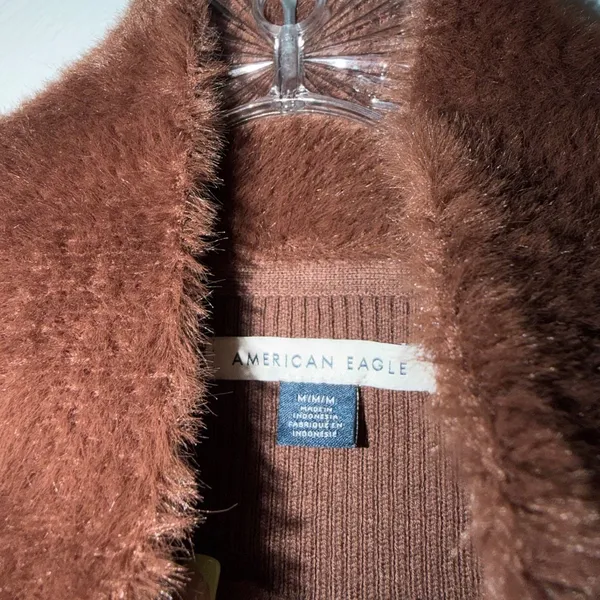 American Eagle Brown Ribbed Faux Fur Collar Zip Up Sweater Y2K Cozy Size M - Image 5