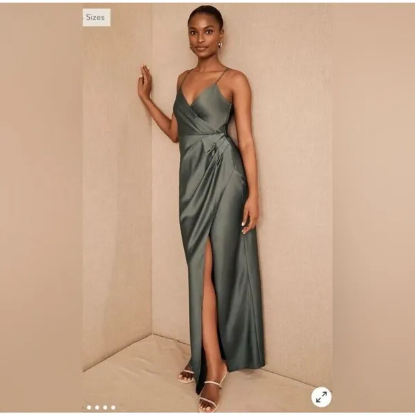 BHLDN Size 14‎ Freya Satin Charmeuse Maxi Slip Dress Moss Green Bridesmaid NWT - Image 2