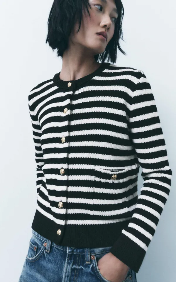 Zara button up sweater cardigan knitted stripped golden button - Image 7