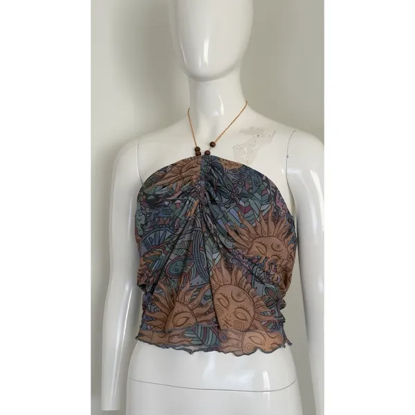 Romwe Whimsigoth Mesh Halter Top Beaded Sun Moon Print Boho Hippie Grunge Y2K Fest XL - Image 2