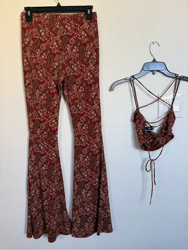 Windsor 2PC Set XS S Rust Paisley Crop Top Wide Leg Flare Pants 70s Halloween - Image 10
