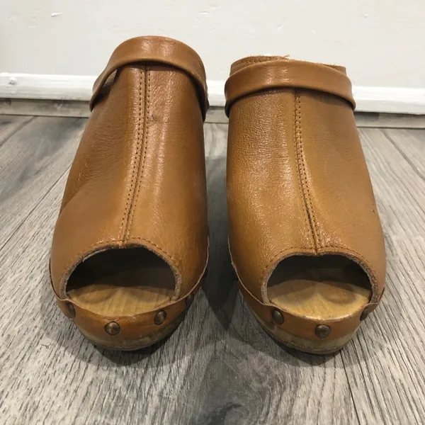 Sanita Leather Studded Wooden Heel Peep Open Toe Brown Heeled Clog Mules 39/8.5 - Image 4