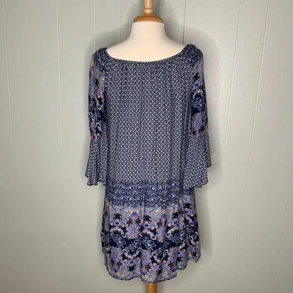 Altar’d State Blue/White/Lavender Boho Bell Sleeve Mini Dress Tunic S - Image 8
