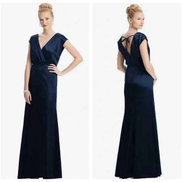 NWT‎ Dessy Collection Charmeuse Cap Sleeve Gown Dress in Midnight Blue - Image 2