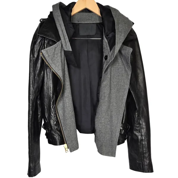 ALC Black Lamb Leather Hooded Moto‎ Jacket Paneled Wool Blend Contrast Trim 4 - Image 3