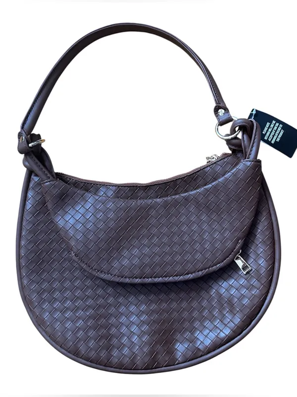 Crescent Woven Dark Espresso Shoulder Handbag Purse Satchel Medium Knotted Strap - Image 2