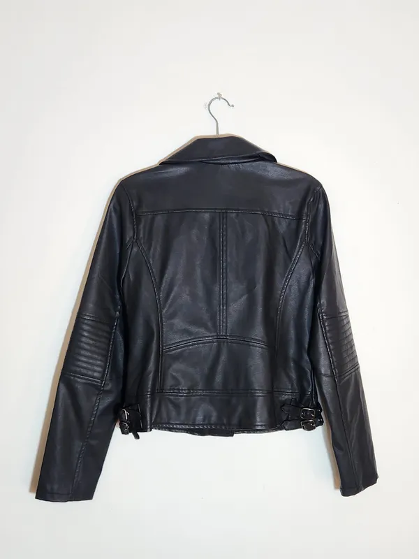 Celebrity Pink Black Faux Leather Moto Jacket Size Medium - Image 6