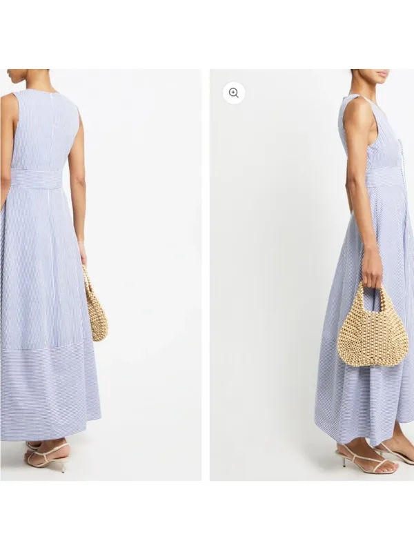 NWT KOURT Blue Stripe Coralie Cotton Dress size 6 blue white stripe midi tie - Image 3