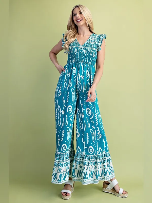Boutique Turquoise Boho Wide Leg Jumpsuit Resort Vacation Beach Outfit - Image 7