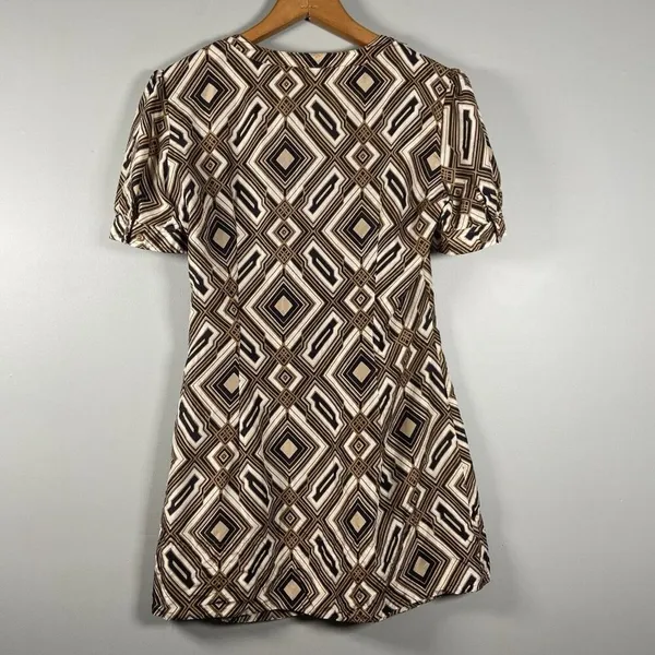 Geometric Print‎ Dress Short Sleeve V Neck Brown Black White Mini Retro Preppy - Image 4