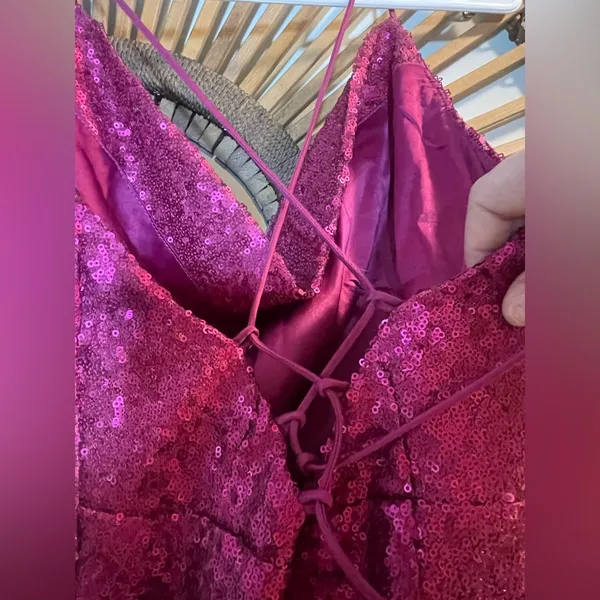 Selfie Leslie Saints & Secrets Miami Nights Cowl Neck Fuchsia Mini Dress Sequins Lace Up Prom - Image 8