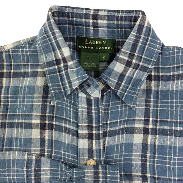 Lauren Ralph‎ Lauren Linen Plaid Shirt Womens S Blue Long Sleeve Button Preppy - Image 2